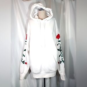 Brandy Melville Rose Hoodie,Women Pullover White, Red Rose/Green Vines,Cotton,2X